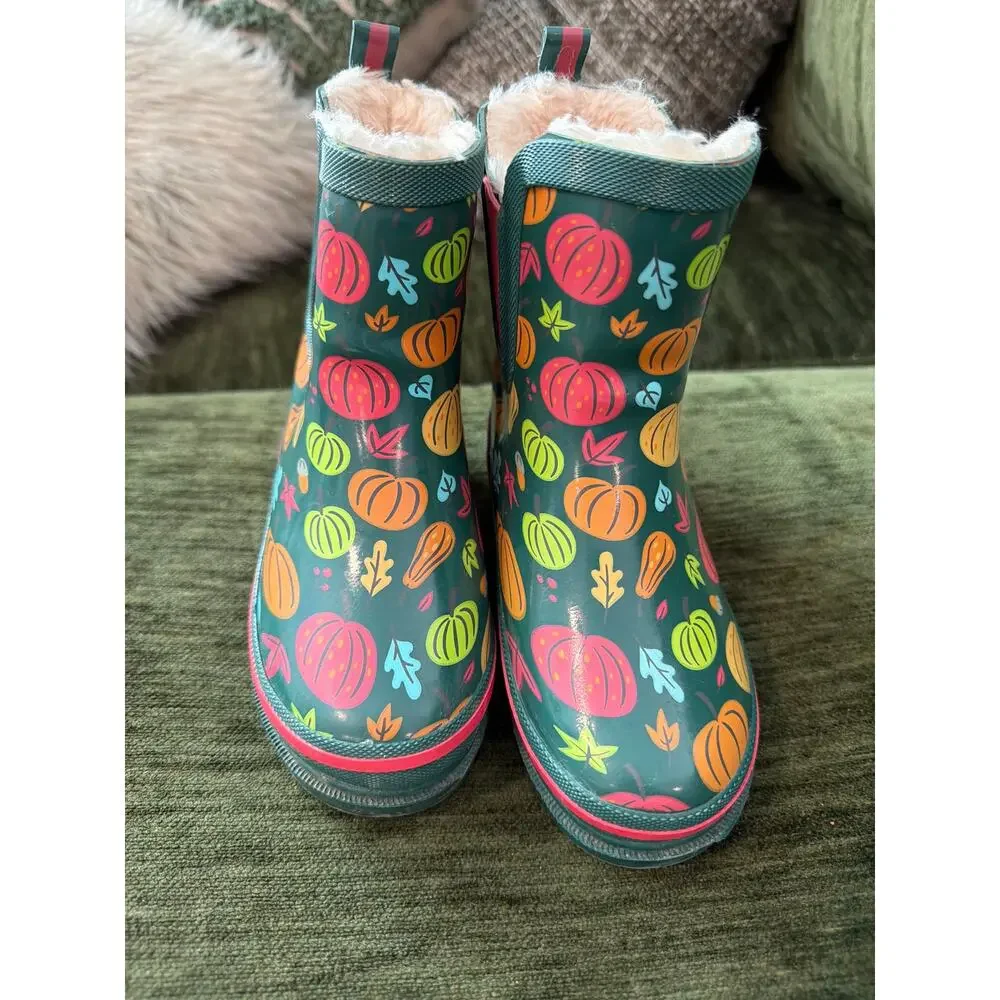 Lily & Dan girls size 9/10 fleece lined rubber boots with fall leaves